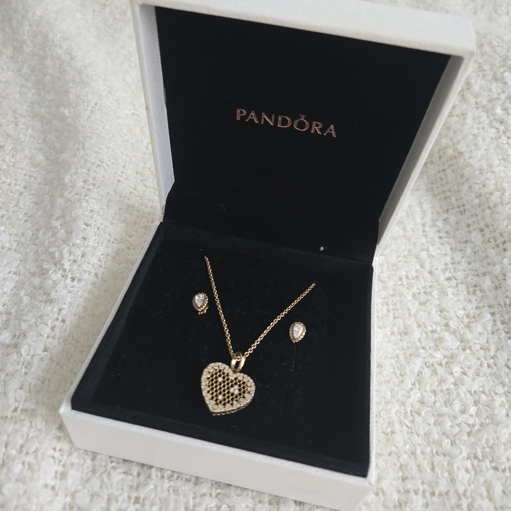 Pandora Gold Toned Heart Necklace with Earrings (Both Are 925 Silver)